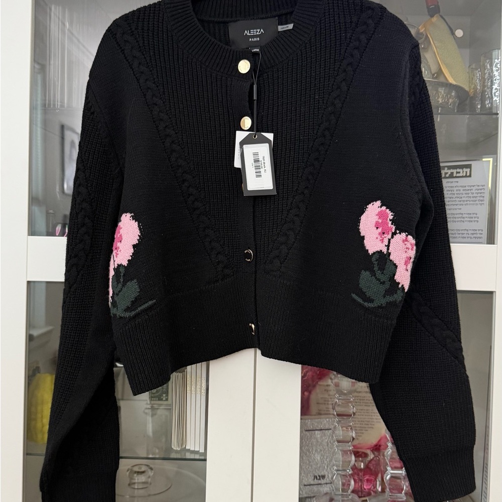 Elegant Black Cardigan with Pink Floral Design